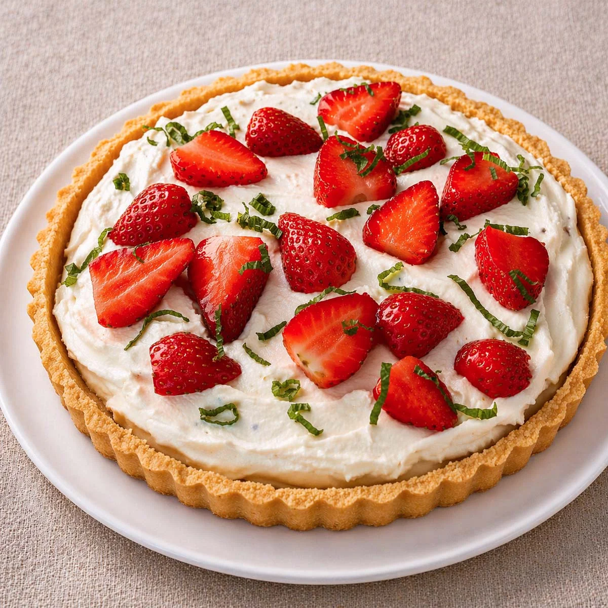 Overhead shot of a beautiful fresh strawberry tart on a white cake stand, golden shortcrust base, thick mascarpone cream, glossy glazed halved strawberries arranged in a circular pattern, soft natural light, rustic linen tablecloth, food photography style, warm and inviting atmosphere